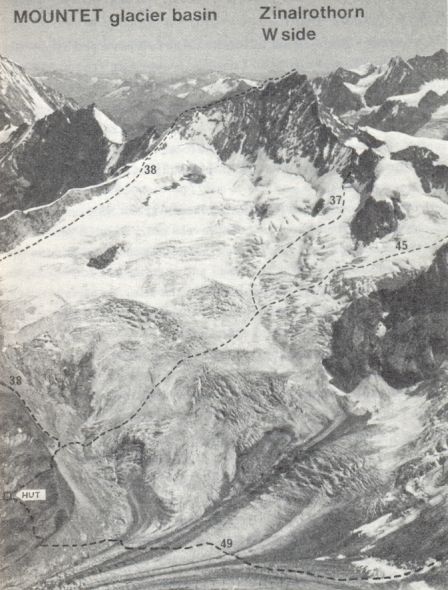 Ascent routes on the West Side of Zinalrothorn in the Zermatt Region of the Swiss Alps