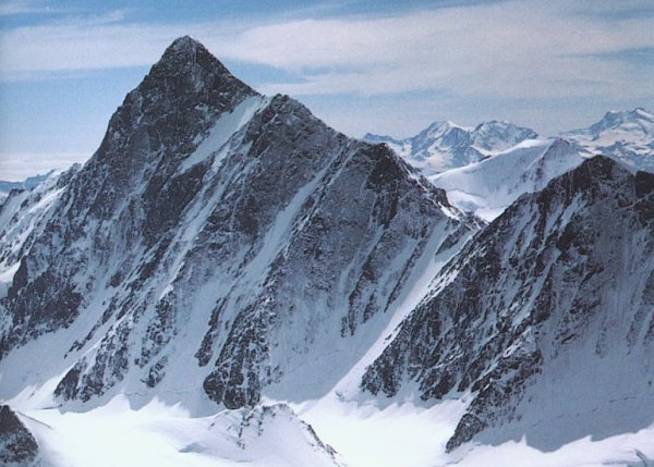 Finsteraarhorn from Lauteraarhorn in the Bernese Oberlands of the Swiss Alps