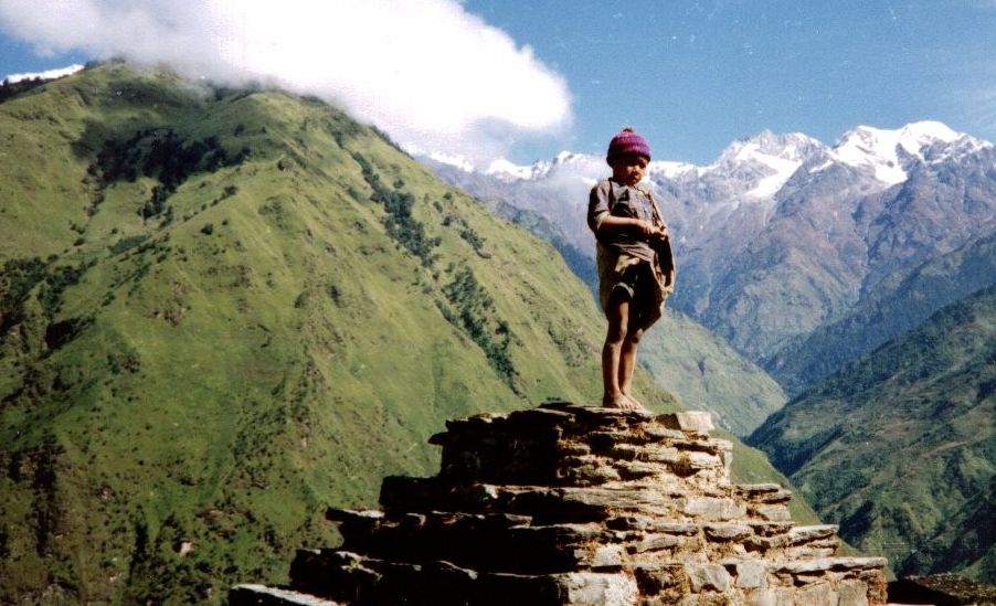 Nepalese Boy on Chorten ( Buddhist Shrine ) in Shertung Village