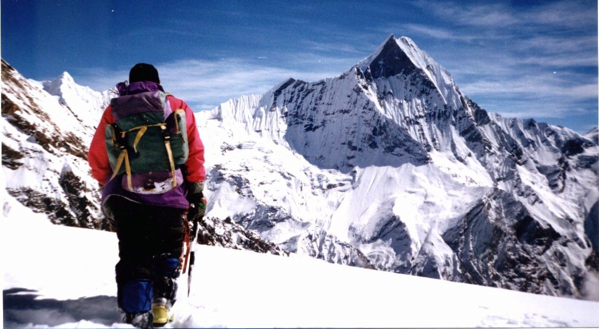 Macchapucchre ( Fishtail Mountain ) from Rakshi Peak in the Annapurna Sanctuary