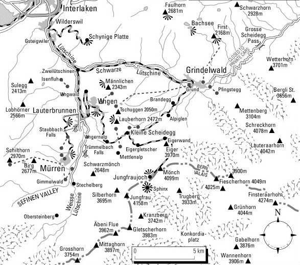 Map of the Jungfrau Region in the Bernese Oberlands Region of the Swiss Alps