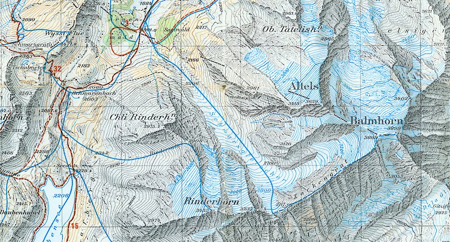 Map with access route of Balmhorn in the Bernese Oberlands of Switzerland