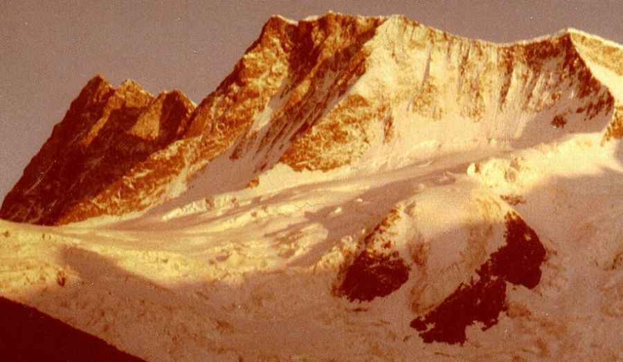 Finsteraarhorn from the Schreckhorn in the Bernese Oberlands region of the Swiss Alps