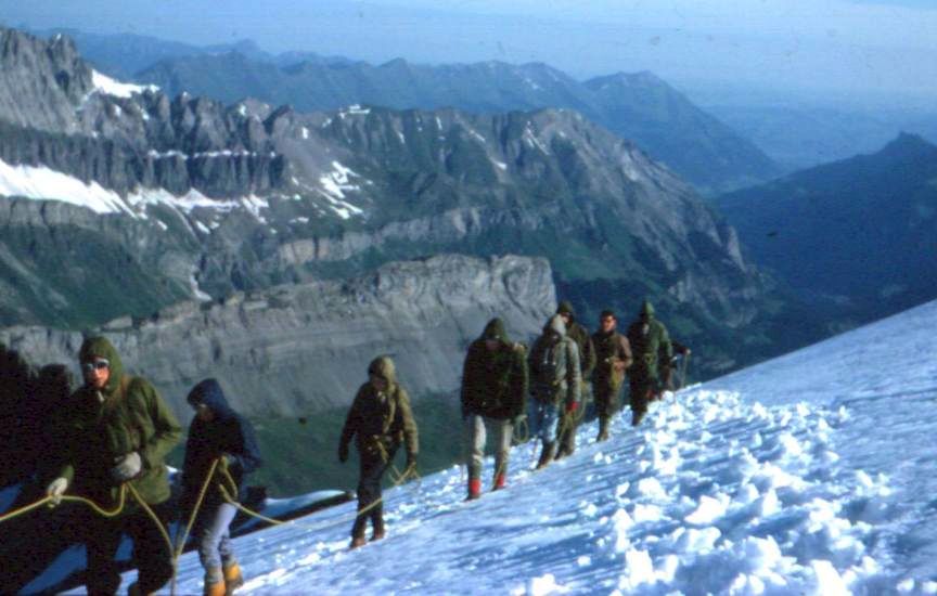 On ascent of Rinderhorn in the Bernese Oberland region of the Swiss Alps