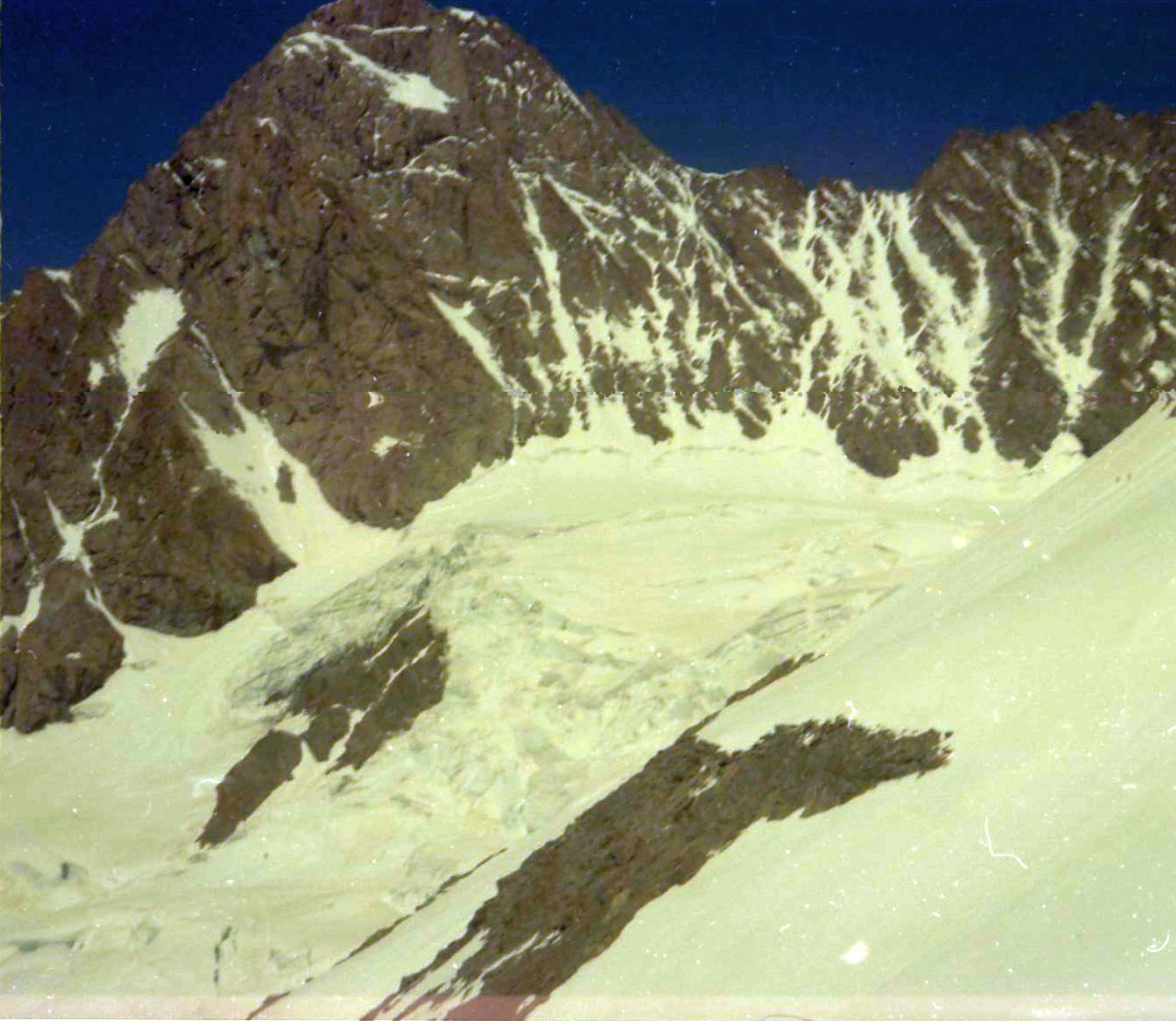 SE ridge ascent route on Schreckhorn in the Bernese Oberland of Switzerland