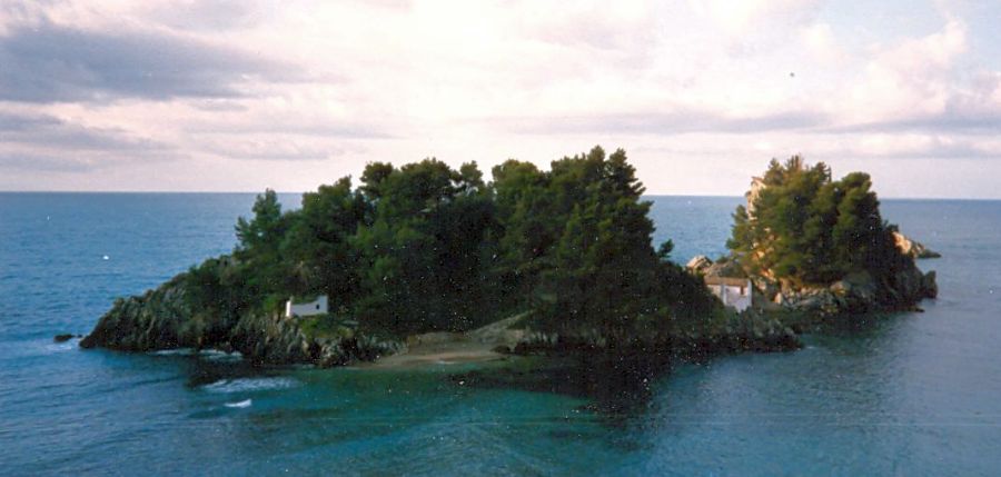 Island in Bay at Parga on the Ionian Coast of Greece