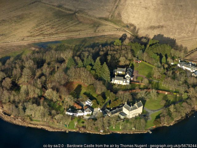 Aerial view of Bardowie Castle at Bardowie Loch