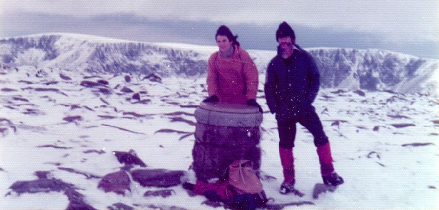 Trig Point on summit of Ben Macdui in the Cairngorm Mountains of Scotland