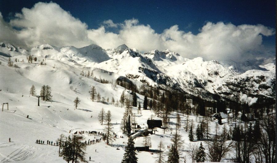 Ski-ing on Mt. Vogel in Julian Alps of Slovenia